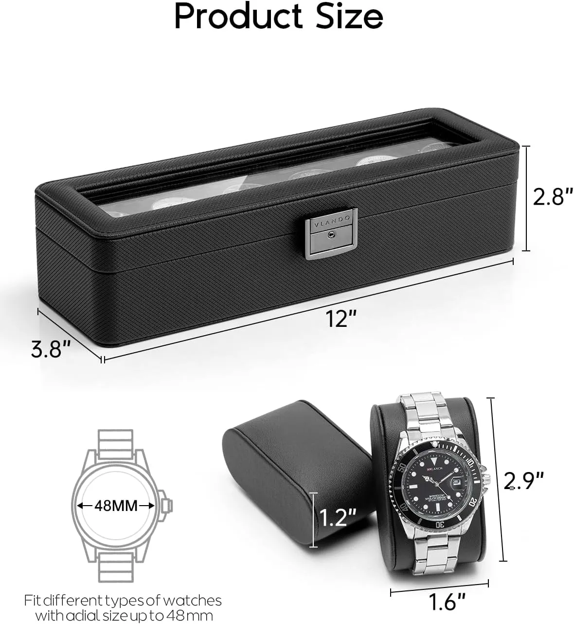 Vlando Watch Case for Fathers Day Gifts, 6-Slot Watch Box for Men with Glass Lid, Lockable, Business Textured Leather, Soft Pillow, Gifts for Dad, Husband, Friends - Black