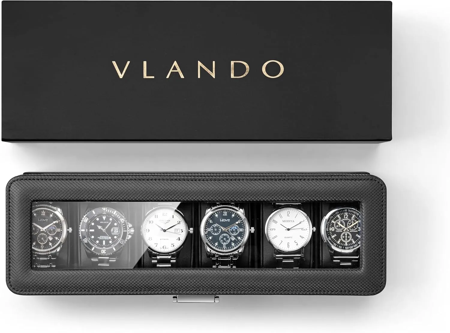 Vlando Watch Case for Fathers Day Gifts, 6-Slot Watch Box for Men with Glass Lid, Lockable, Business Textured Leather, Soft Pillow, Gifts for Dad, Husband, Friends - Black