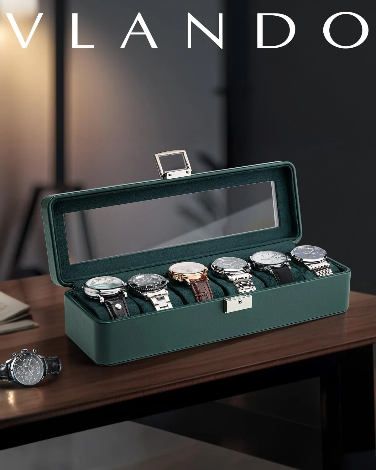 Vlando Watch Case for Men, 6-Slot Watch Box with Glass Lid, Lockable, Business Lychee Leather, Soft Pillow, Gift for Fathers, Husband, Friend - Dark Green