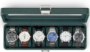 Vlando Watch Case for Men, 6-Slot Watch Box with Glass Lid, Lockable, Business Lychee Leather, Soft Pillow, Gift for Fathers, Husband, Friend - Dark Green