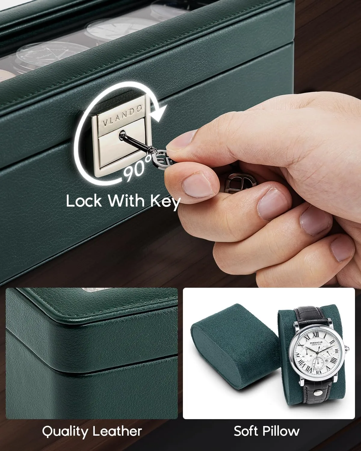 Vlando Watch Case for Men, 6-Slot Watch Box with Glass Lid, Lockable, Business Lychee Leather, Soft Pillow, Gift for Fathers, Husband, Friend - Dark Green