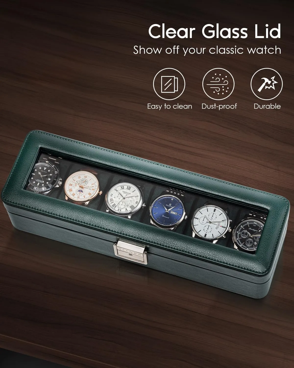 Vlando Watch Case for Men, 6-Slot Watch Box with Glass Lid, Lockable, Business Lychee Leather, Soft Pillow, Gift for Fathers, Husband, Friend - Dark Green