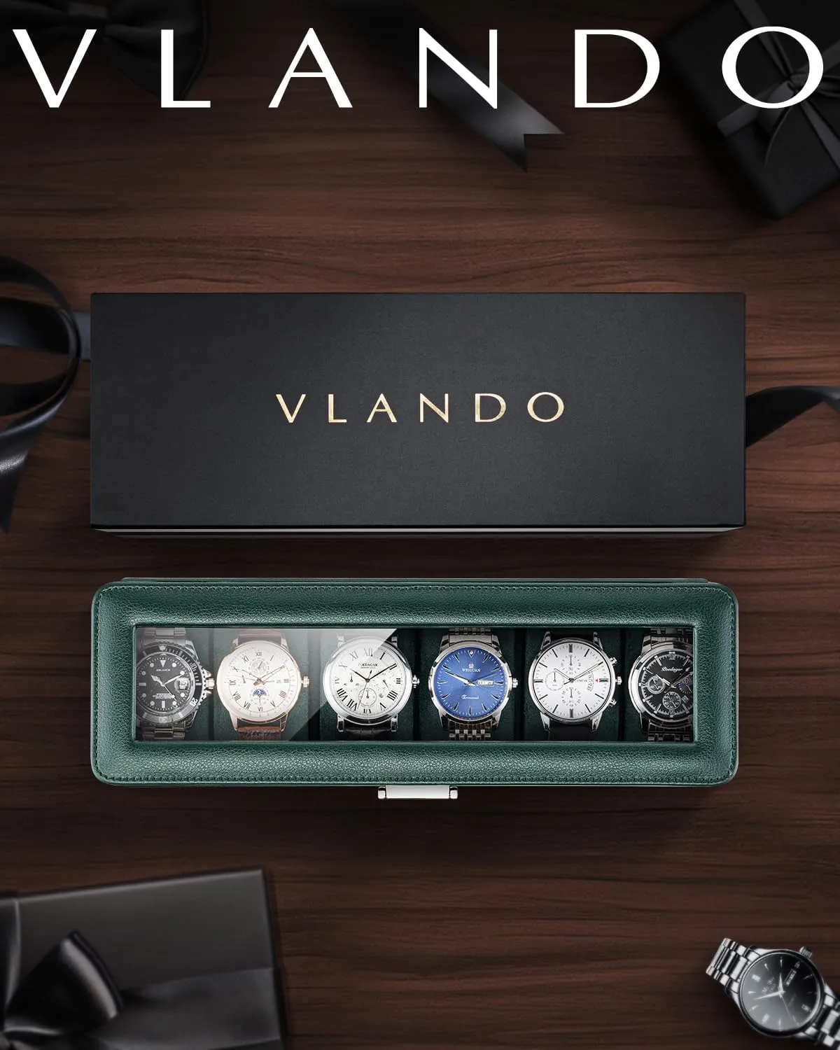 Vlando Watch Case for Men, 6-Slot Watch Box with Glass Lid, Lockable, Business Lychee Leather, Soft Pillow, Gift for Fathers, Husband, Friend - Dark Green