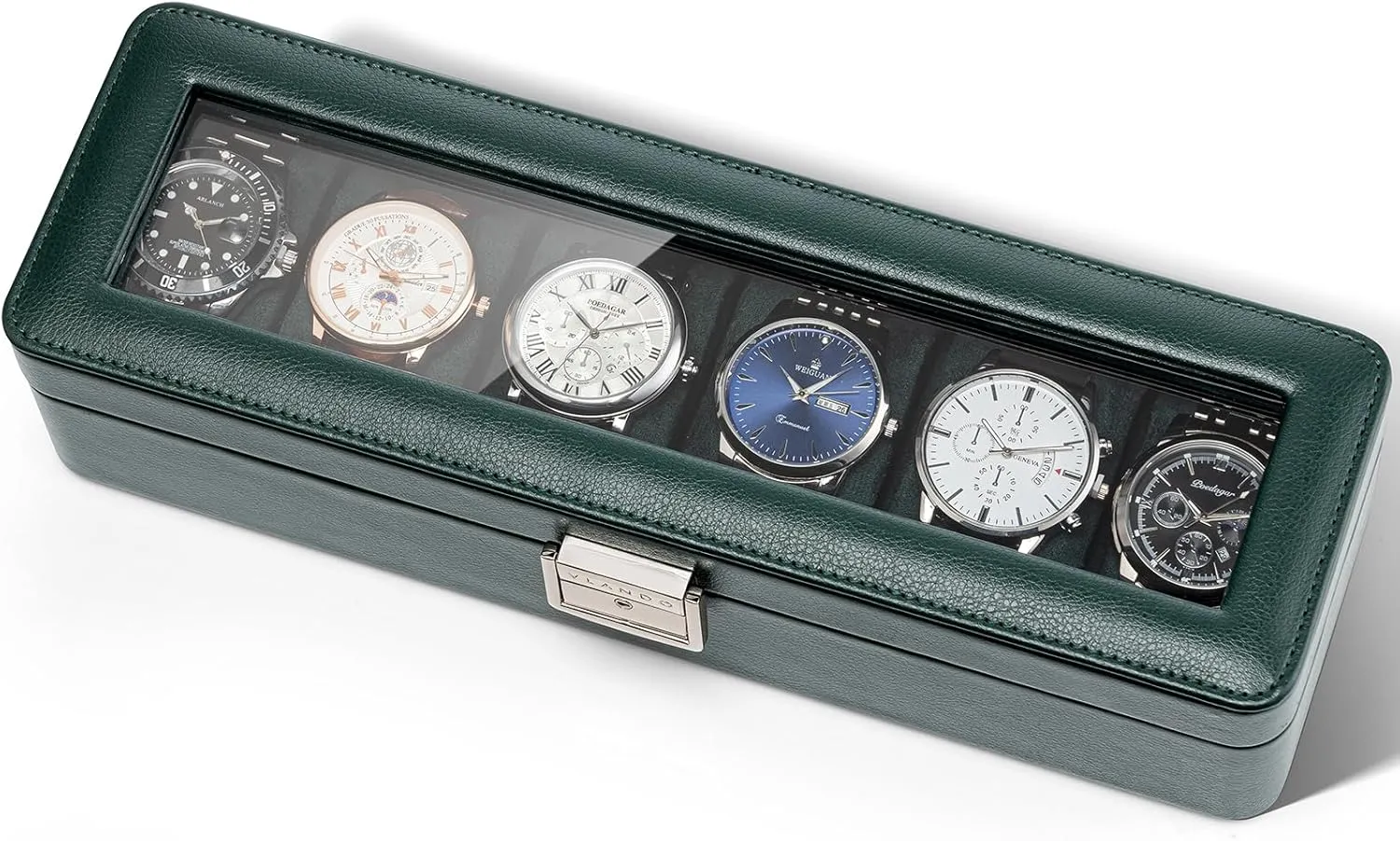 Vlando Watch Case for Men, 6-Slot Watch Box with Glass Lid, Lockable, Business Lychee Leather, Soft Pillow, Gift for Fathers, Husband, Friend - Dark Green