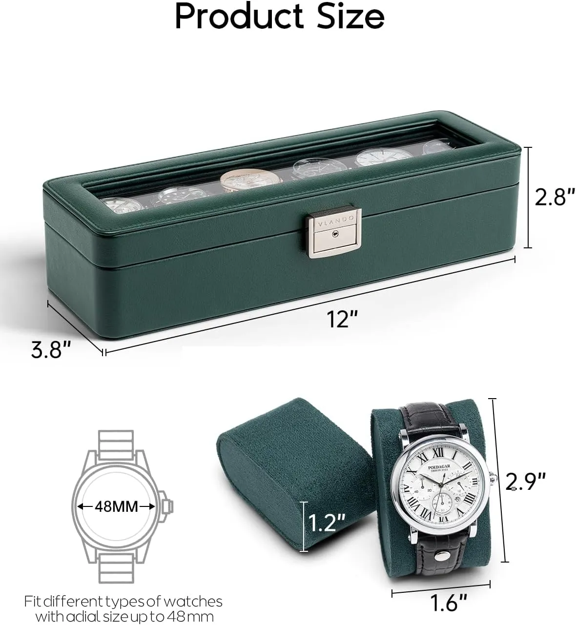 Vlando Watch Case for Men, 6-Slot Watch Box with Glass Lid, Lockable, Business Lychee Leather, Soft Pillow, Gift for Fathers, Husband, Friend - Dark Green