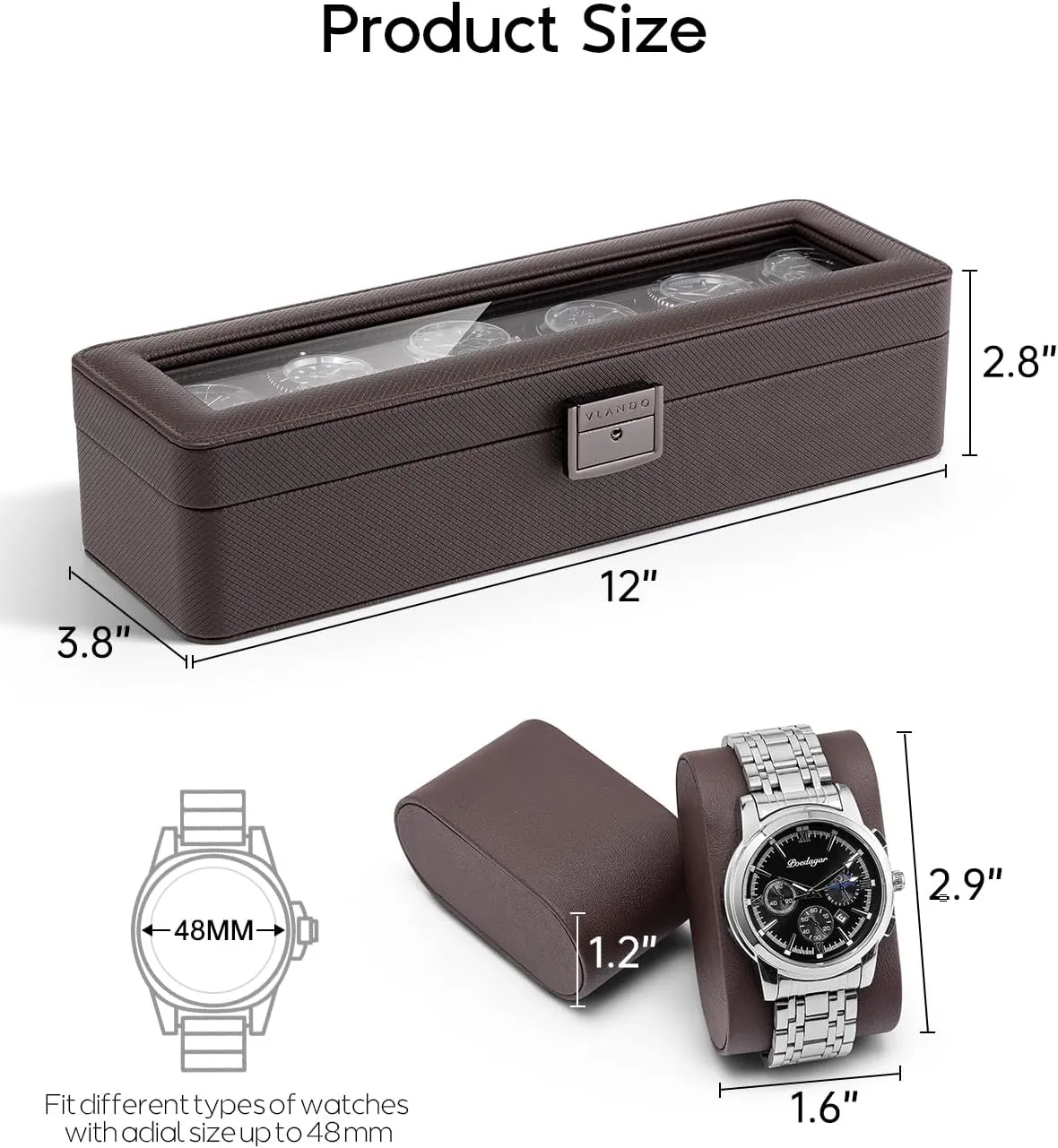 Vlando Watch Case for Men, 6-Slot Watch Box with Glass Lid, Lockable, Business Textured Leather, Soft Pillow, Gift for Fathers, Husband, Friend - Deep Brown