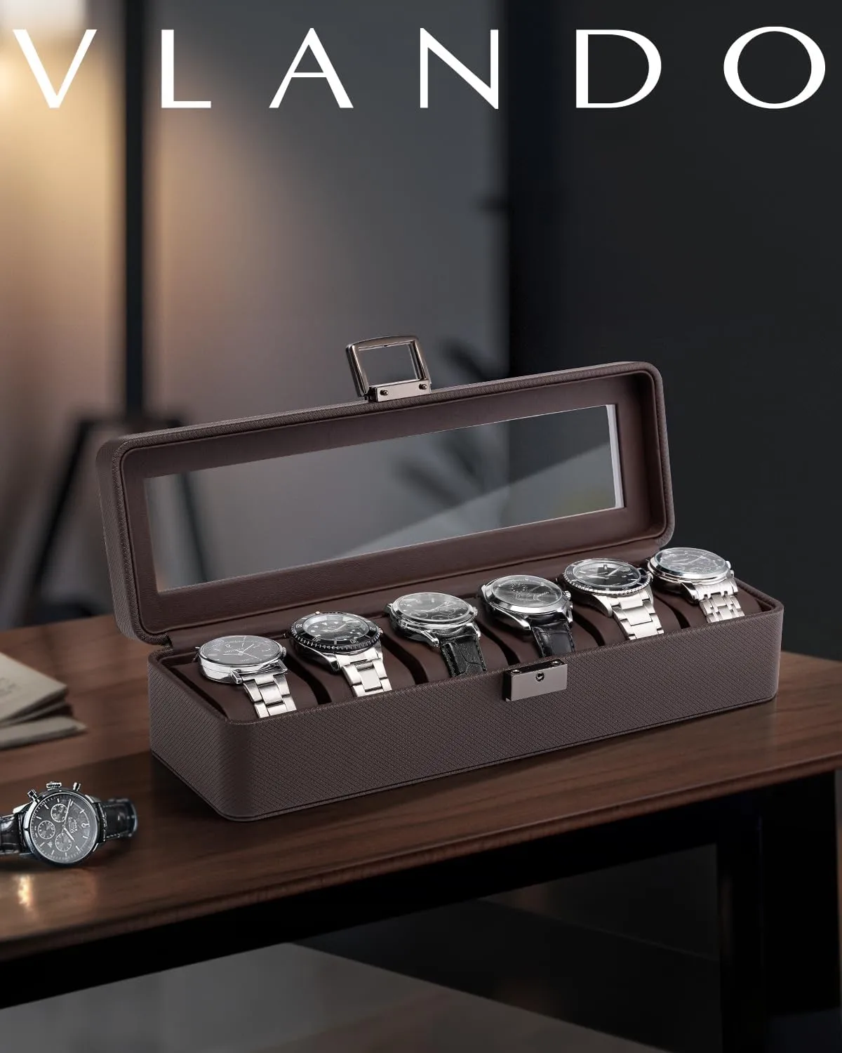 Vlando Watch Case for Men, 6-Slot Watch Box with Glass Lid, Lockable, Business Textured Leather, Soft Pillow, Gift for Fathers, Husband, Friend - Deep Brown