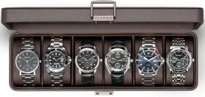 Vlando Watch Case for Men, 6-Slot Watch Box with Glass Lid, Lockable, Business Textured Leather, Soft Pillow, Gift for Fathers, Husband, Friend - Deep Brown