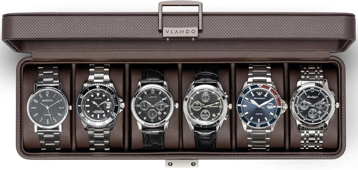Vlando Watch Case for Men, 6-Slot Watch Box with Glass Lid, Lockable, Business Textured Leather, Soft Pillow, Gift for Fathers, Husband, Friend - Deep Brown