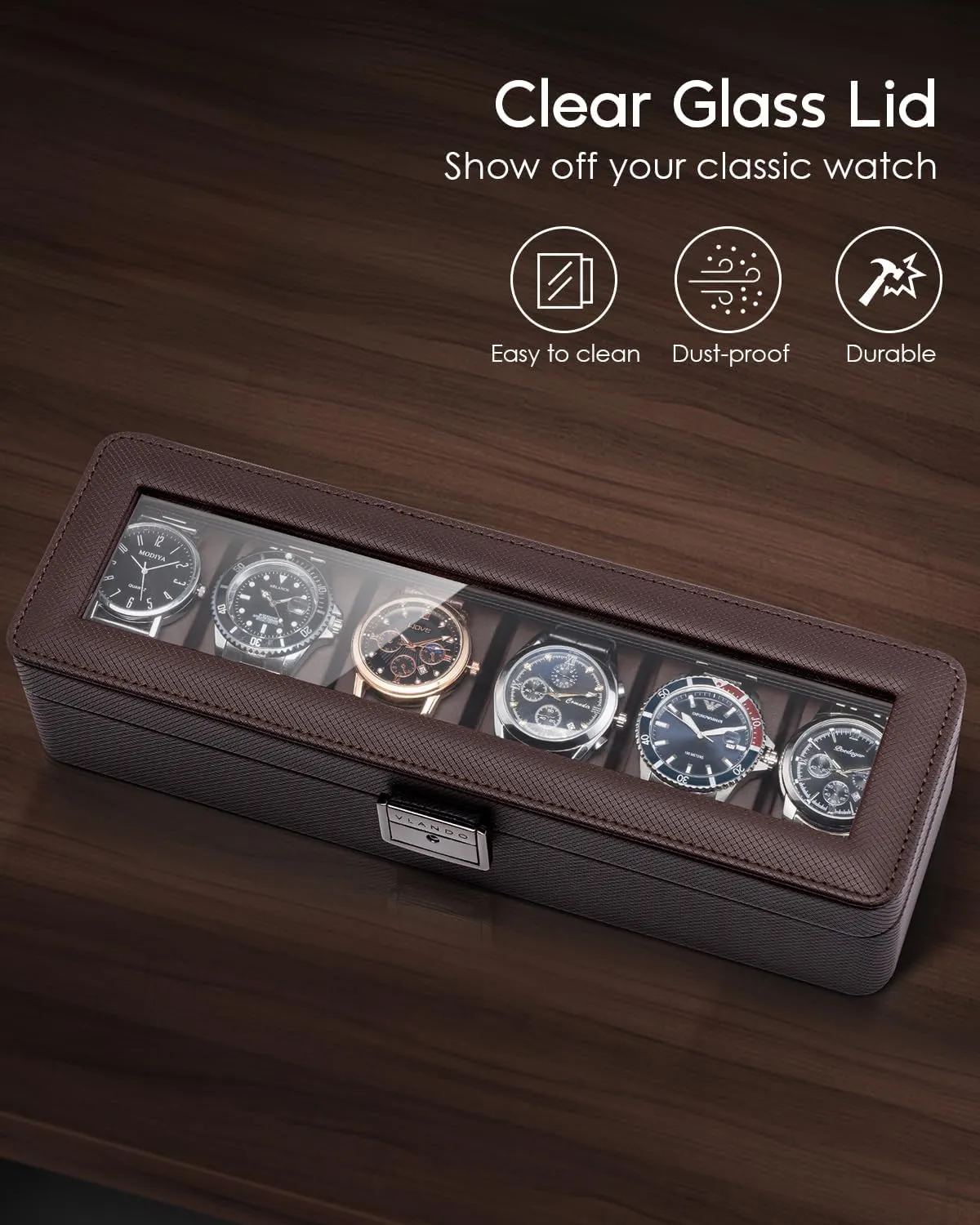 Vlando Watch Case for Men, 6-Slot Watch Box with Glass Lid, Lockable, Business Textured Leather, Soft Pillow, Gift for Fathers, Husband, Friend - Deep Brown