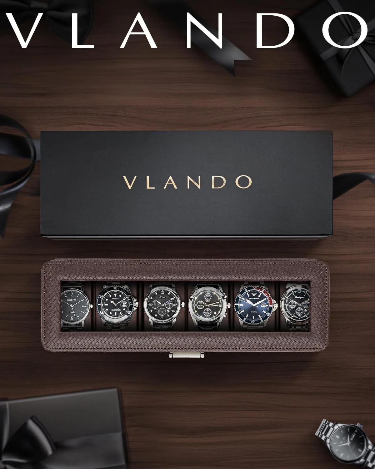 Vlando Watch Case for Men, 6-Slot Watch Box with Glass Lid, Lockable, Business Textured Leather, Soft Pillow, Gift for Fathers, Husband, Friend - Deep Brown