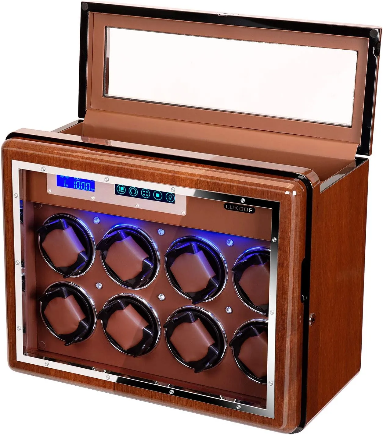 Walnut Watch Winder for 8 Automatic Watches Winding  6 Storage Slots LED Backlight Watch Display Box Touchscreen Automatic Rotation Case with Quiet Mabuchi Motors for Men and Women Gift