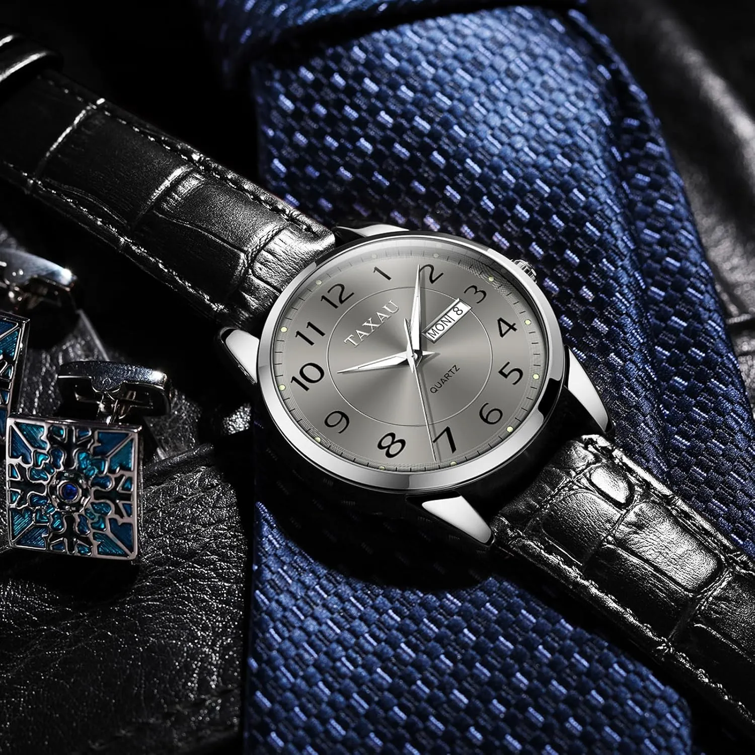 Watch Men,Big Face Watch for Men,Leather Band Wrist Man Watches,Classic Date Day Watches Mens Analog Waterproof Relojes para Hombres Blue/Gray/White/Black Dial
