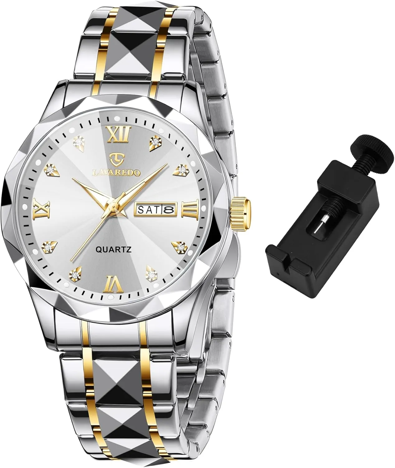 Watches for Men Diamond Business Dress Analog Quartz Mens Watches Stainless Steel Waterproof Luminous Date Two Tone Luxury Casual Wrist Watch Relojes para Hombres