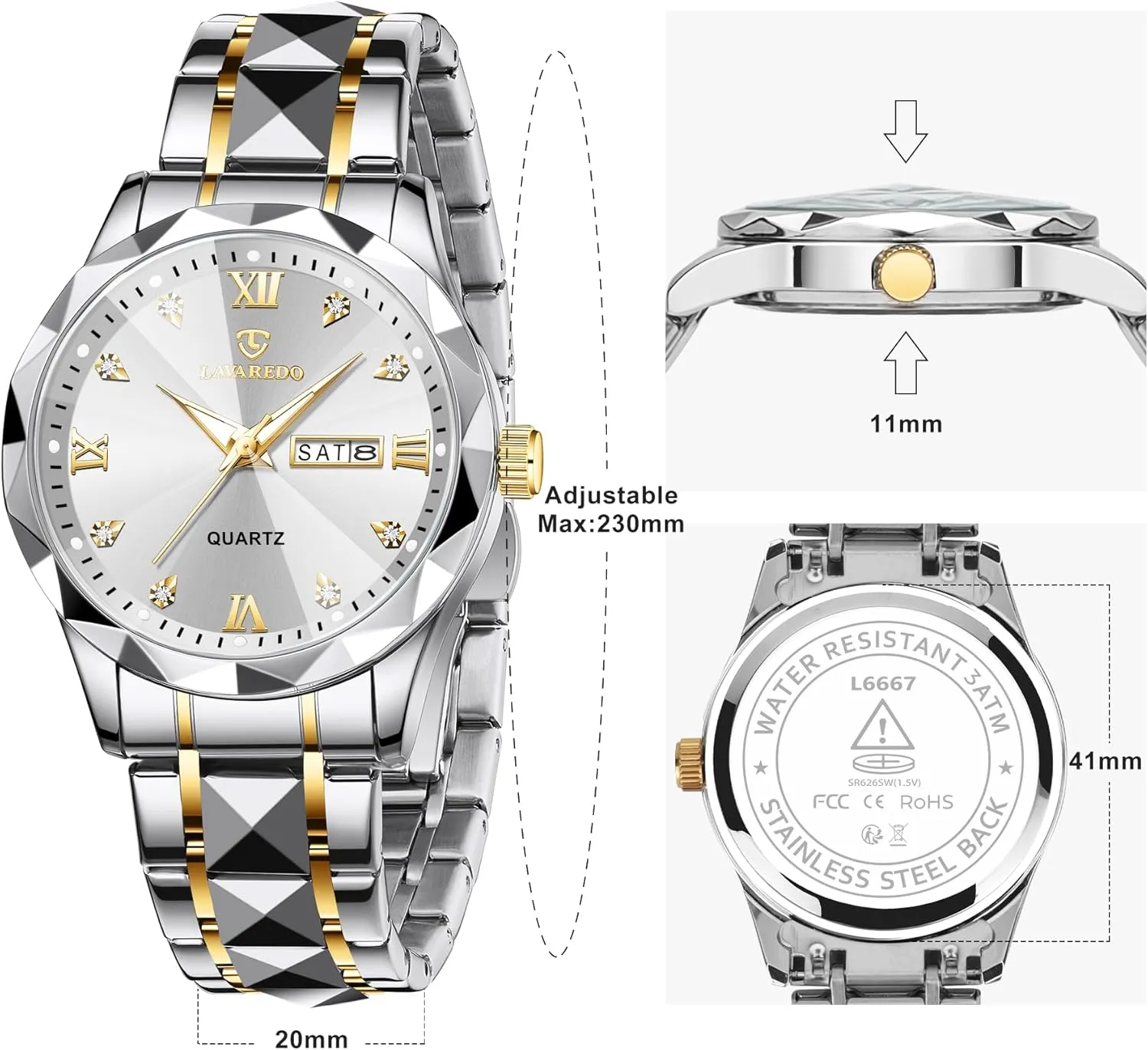 Watches for Men Diamond Business Dress Analog Quartz Mens Watches Stainless Steel Waterproof Luminous Date Two Tone Luxury Casual Wrist Watch Relojes para Hombres