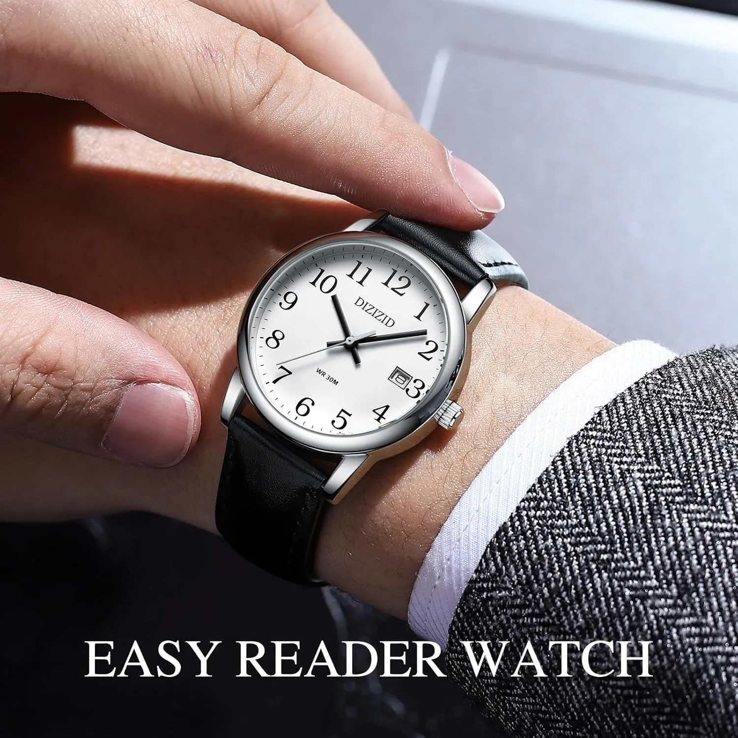 Watches for Men, Men's Easy Reader Watch Minimalist Men's Wrist Watches, Analog Quartz Date Waterproof Classic Elegant Watch with Black Leather Band