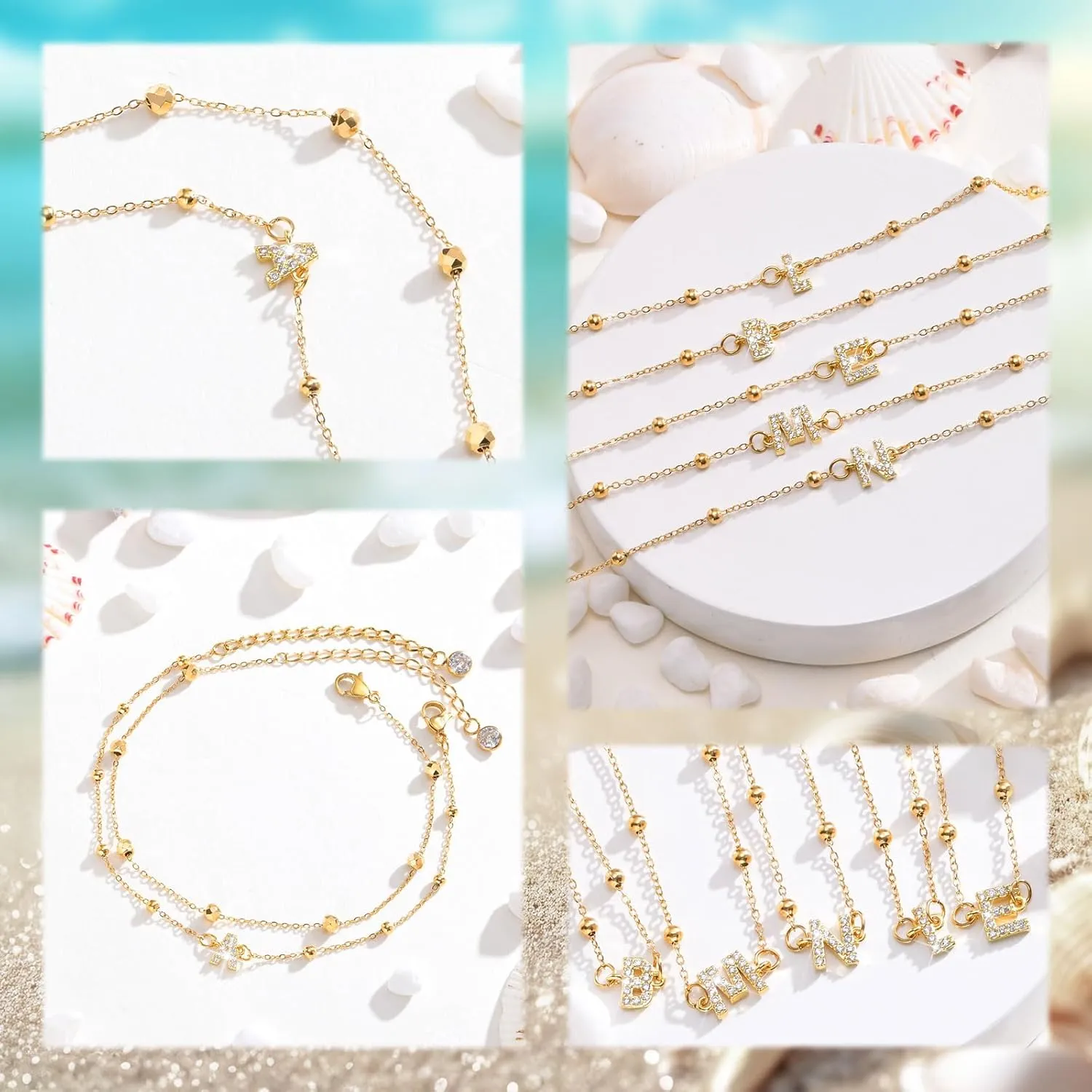 Waterproof Gold Initial Anklet Bracelets -18K Gold Plated Plus Size Letter Ankle Bracelets Trendy Jewelry Gifts,Summer Beach Surfer Foot Chain Stackable Bracelet Anklet Set Gift for Women Girlfriend