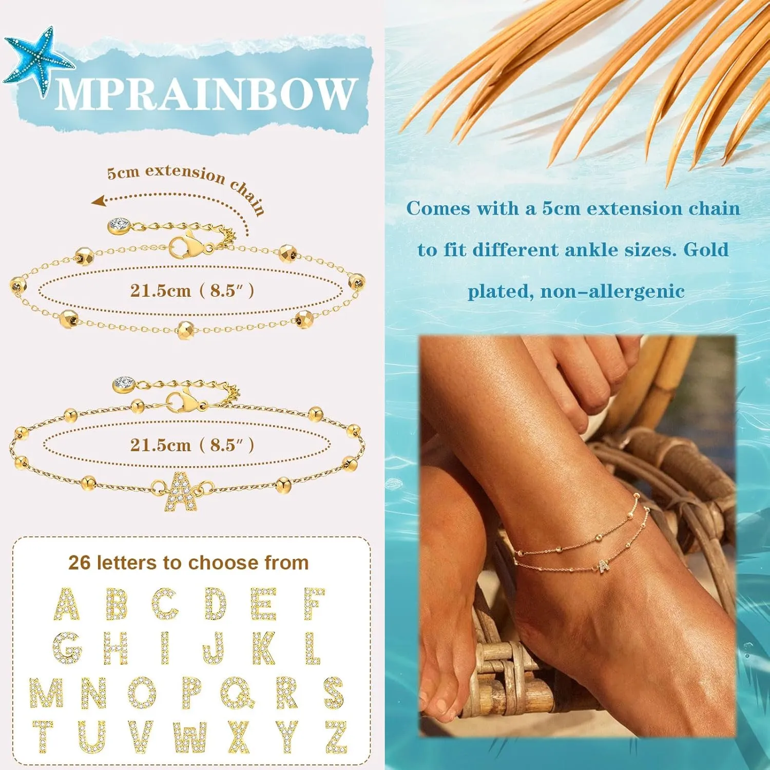 Waterproof Gold Initial Anklet Bracelets -18K Gold Plated Plus Size Letter Ankle Bracelets Trendy Jewelry Gifts,Summer Beach Surfer Foot Chain Stackable Bracelet Anklet Set Gift for Women Girlfriend