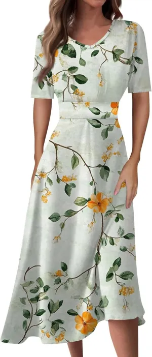 Wedding Guest Dresses for Women Midi Wide Skirt Dress Printed Fresh Natural Style Picnic Easter Parade Women's Formal Dresses