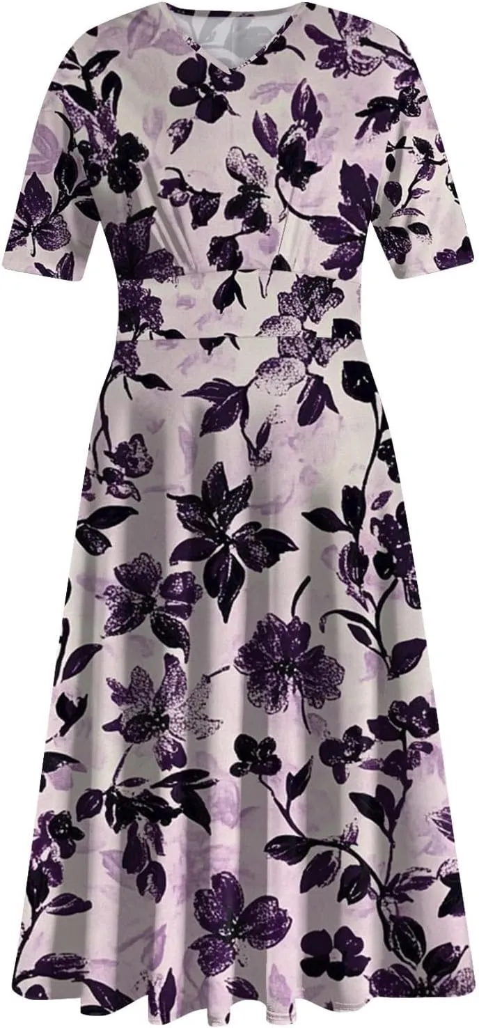 Wedding Guest Dresses for Women Midi Wide Skirt Dress Printed Fresh Natural Style Picnic Easter Parade Women's Formal Dresses