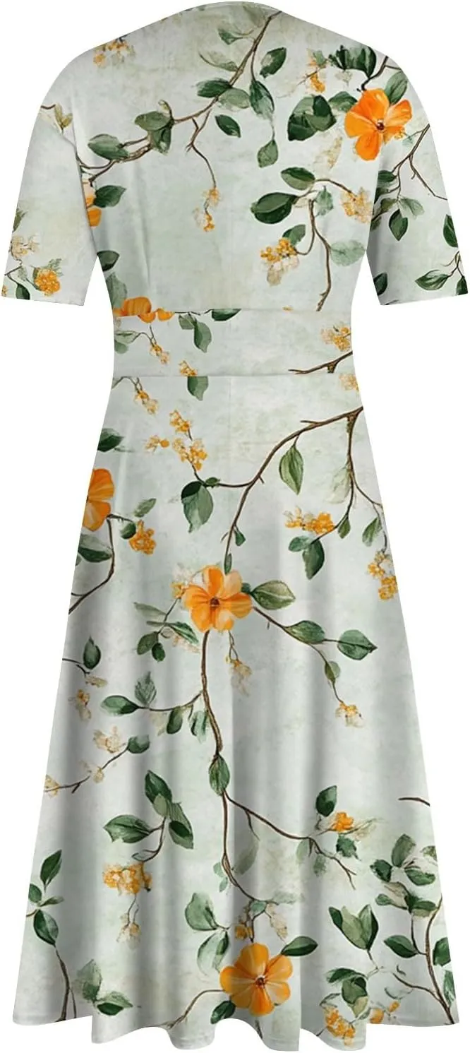 Wedding Guest Dresses for Women Midi Wide Skirt Dress Printed Fresh Natural Style Picnic Easter Parade Women's Formal Dresses