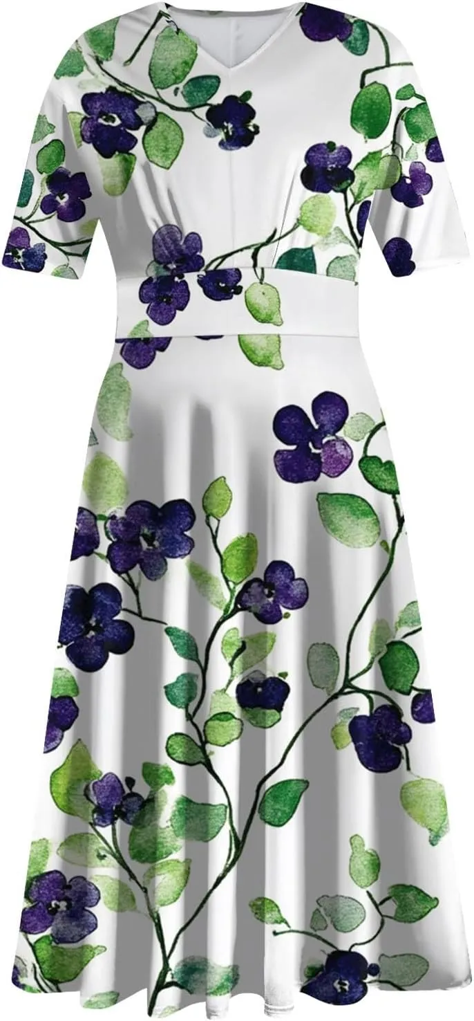 Wedding Guest Dresses for Women Midi Wide Skirt Dress Printed Fresh Natural Style Picnic Easter Parade Women's Formal Dresses