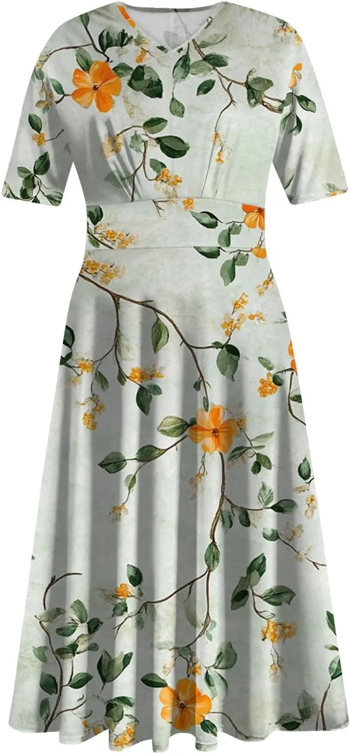 Wedding Guest Dresses for Women Midi Wide Skirt Dress Printed Fresh Natural Style Picnic Easter Parade Women's Formal Dresses