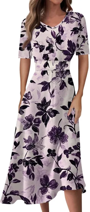 Wedding Guest Dresses for Women Midi Wide Skirt Dress Printed Fresh Natural Style Picnic Easter Parade Women's Formal Dresses