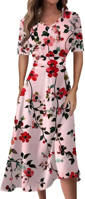 Wedding Guest Dresses for Women Midi Wide Skirt Dress Printed Fresh Natural Style Picnic Easter Parade Women's Formal Dresses