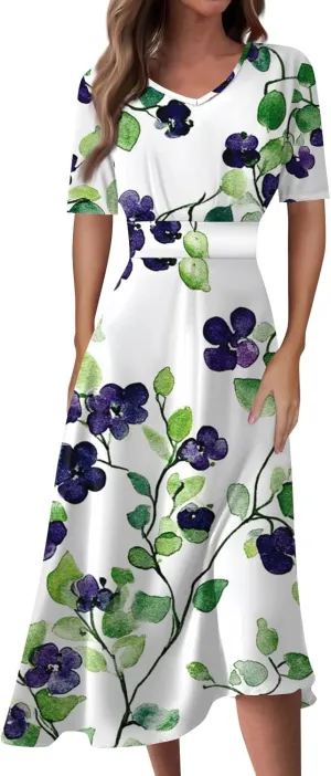 Wedding Guest Dresses for Women Midi Wide Skirt Dress Printed Fresh Natural Style Picnic Easter Parade Women's Formal Dresses