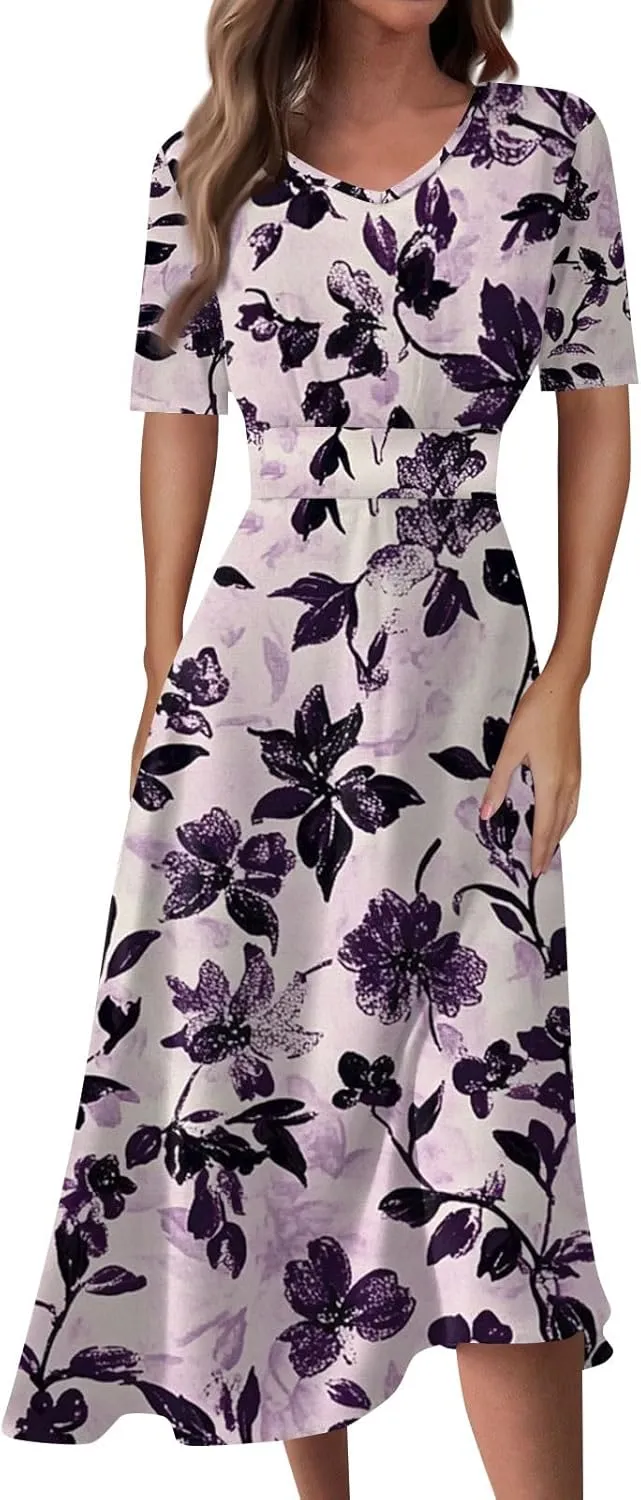 Wedding Guest Dresses for Women Midi Wide Skirt Dress Printed Fresh Natural Style Picnic Easter Parade Women's Formal Dresses