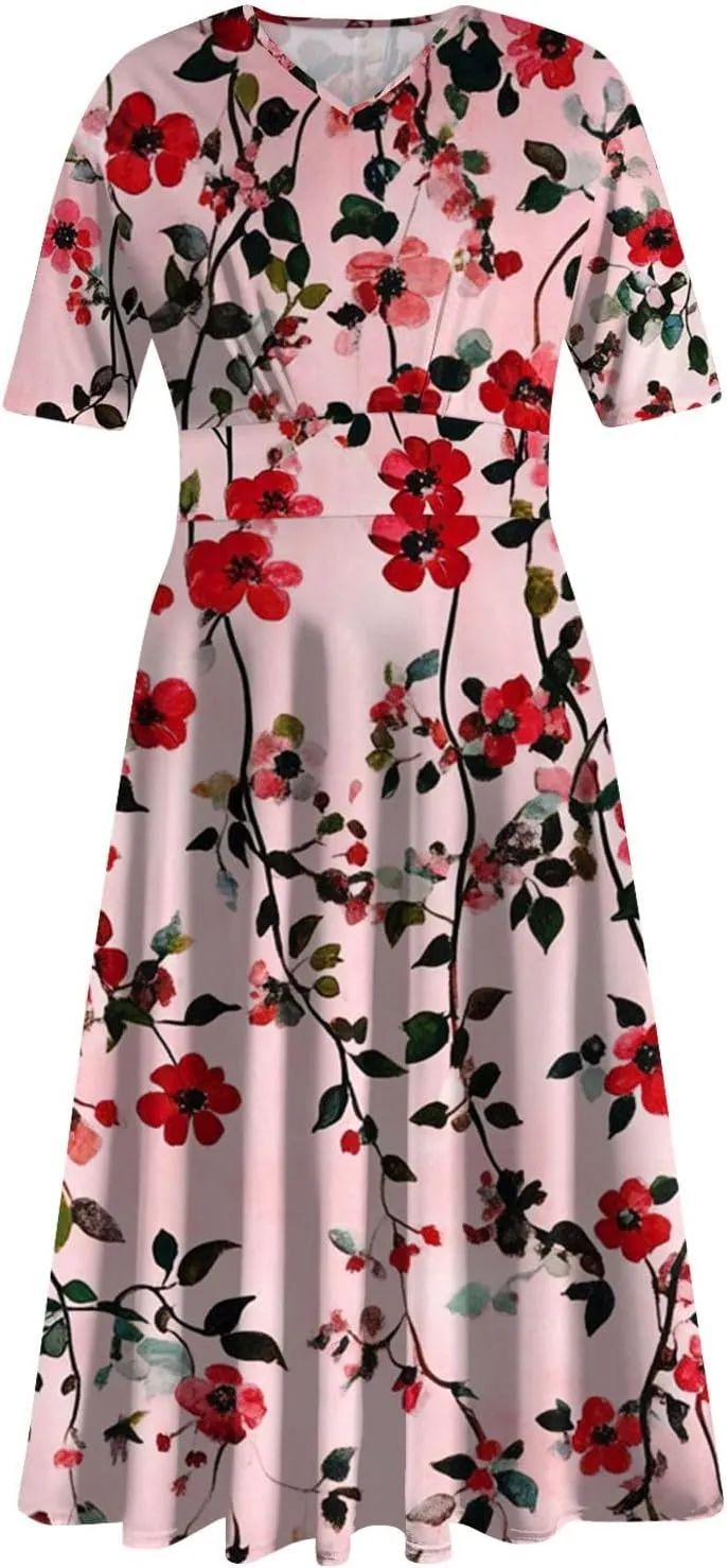 Wedding Guest Dresses for Women Midi Wide Skirt Dress Printed Fresh Natural Style Picnic Easter Parade Women's Formal Dresses
