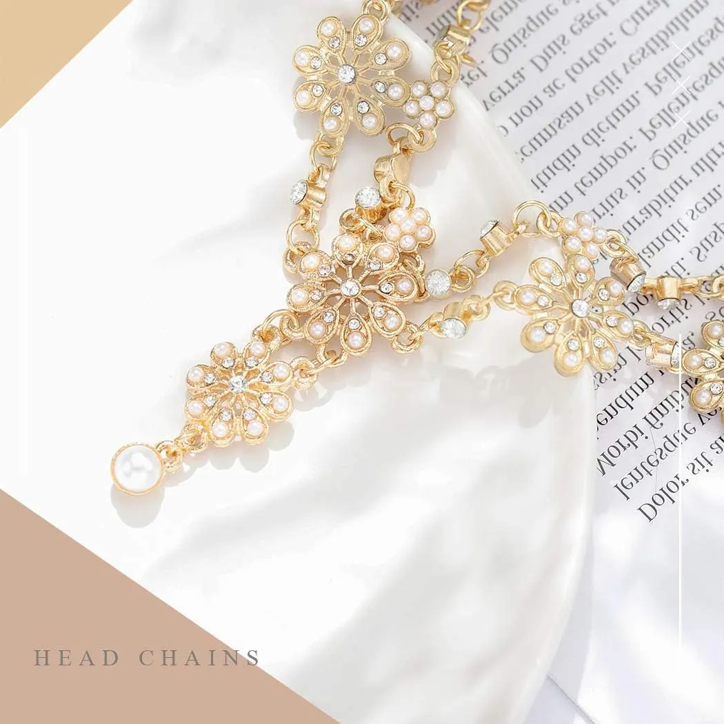 Wedding Headbands Chain Floral Head Jewelry Hair Pieces Crystal Pearl Head Chains Headpiece Festival Costume Bridal Hair Accessories for Women