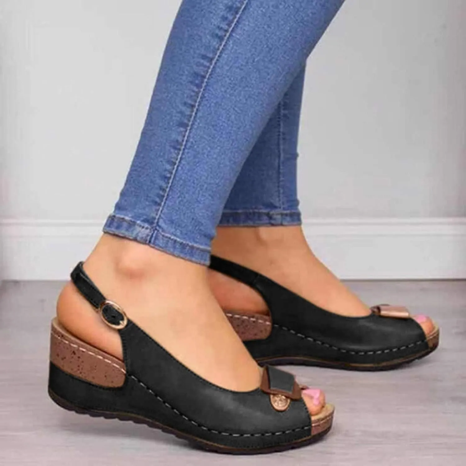 Wedge Sandals for Women Peep Toe Hollow Out Slingback Platform Sandals, Casual Comfortable Ankle Strap Wedge Sandal Fish Mouth Buckle Platform Walking Shoes
