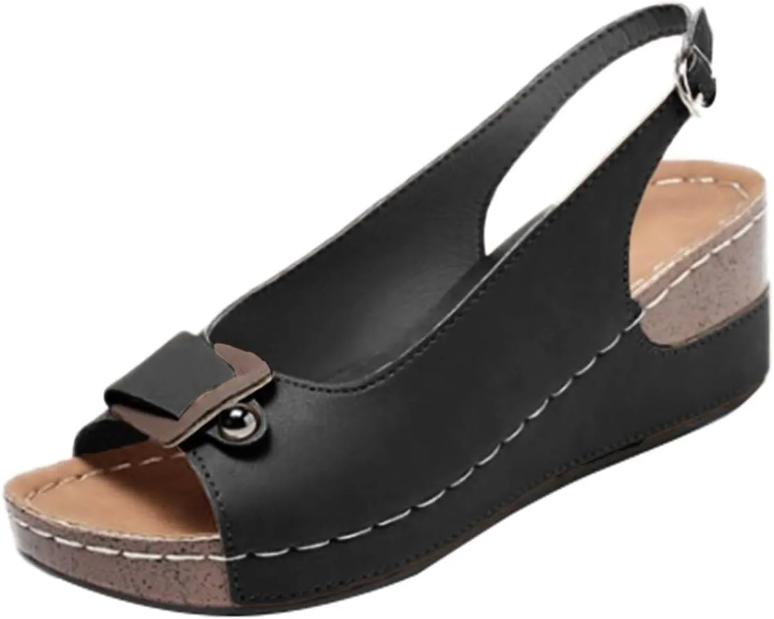 Wedge Sandals for Women Peep Toe Hollow Out Slingback Platform Sandals, Casual Comfortable Ankle Strap Wedge Sandal Fish Mouth Buckle Platform Walking Shoes