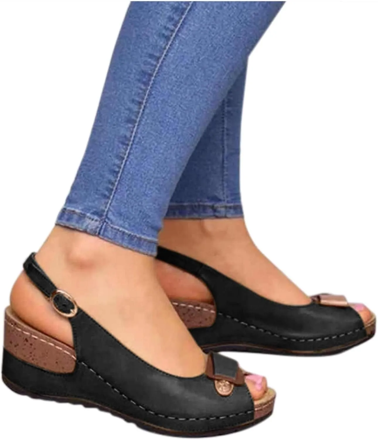 Wedge Sandals for Women Peep Toe Hollow Out Slingback Platform Sandals, Casual Comfortable Ankle Strap Wedge Sandal Fish Mouth Buckle Platform Walking Shoes