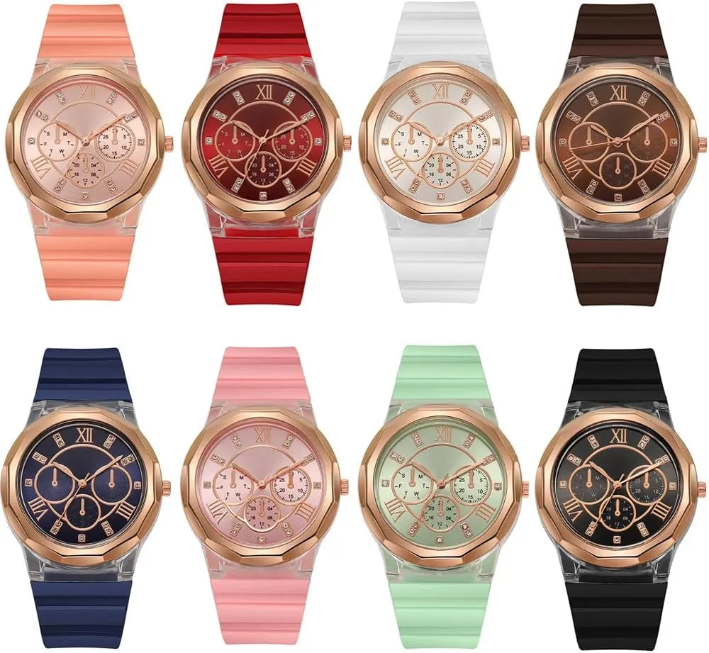 Weicam 8 Pcs Wholesale Watches Unisex Casual Colorful Silicone Band Assorted Watches Set Women Men Roman Numerals Analog Quartz Wristwatches