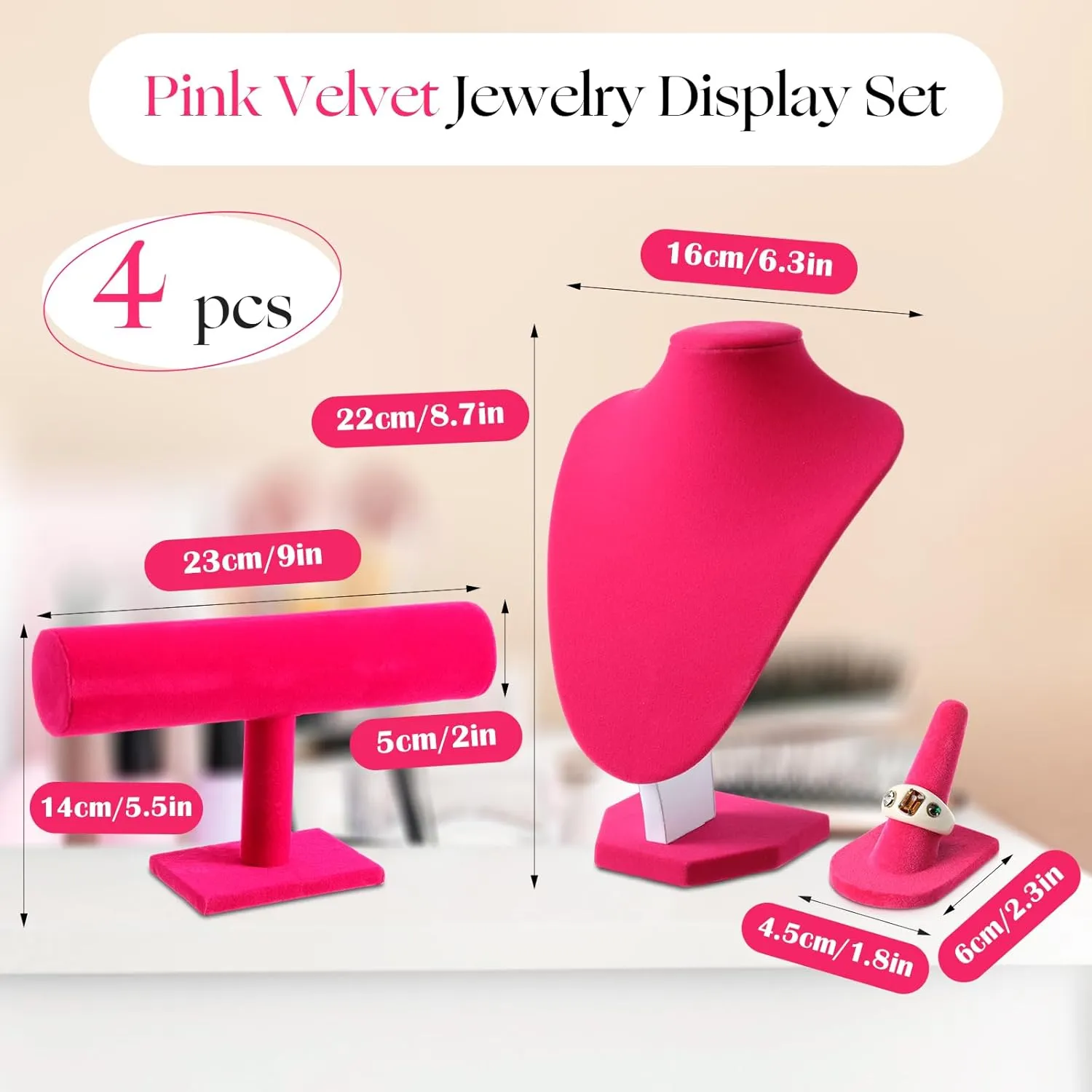 Wenqik 4 Pcs Velvet Jewelry Display Set Velvet Necklace Bust Holder Bracelet Organizer 2 Ring Finger Jewelry Holder