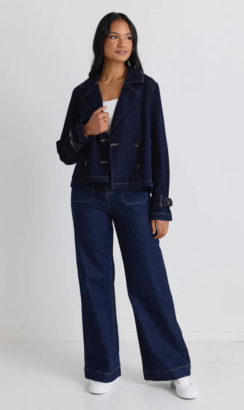 Western Cropped Denim Trench Coat