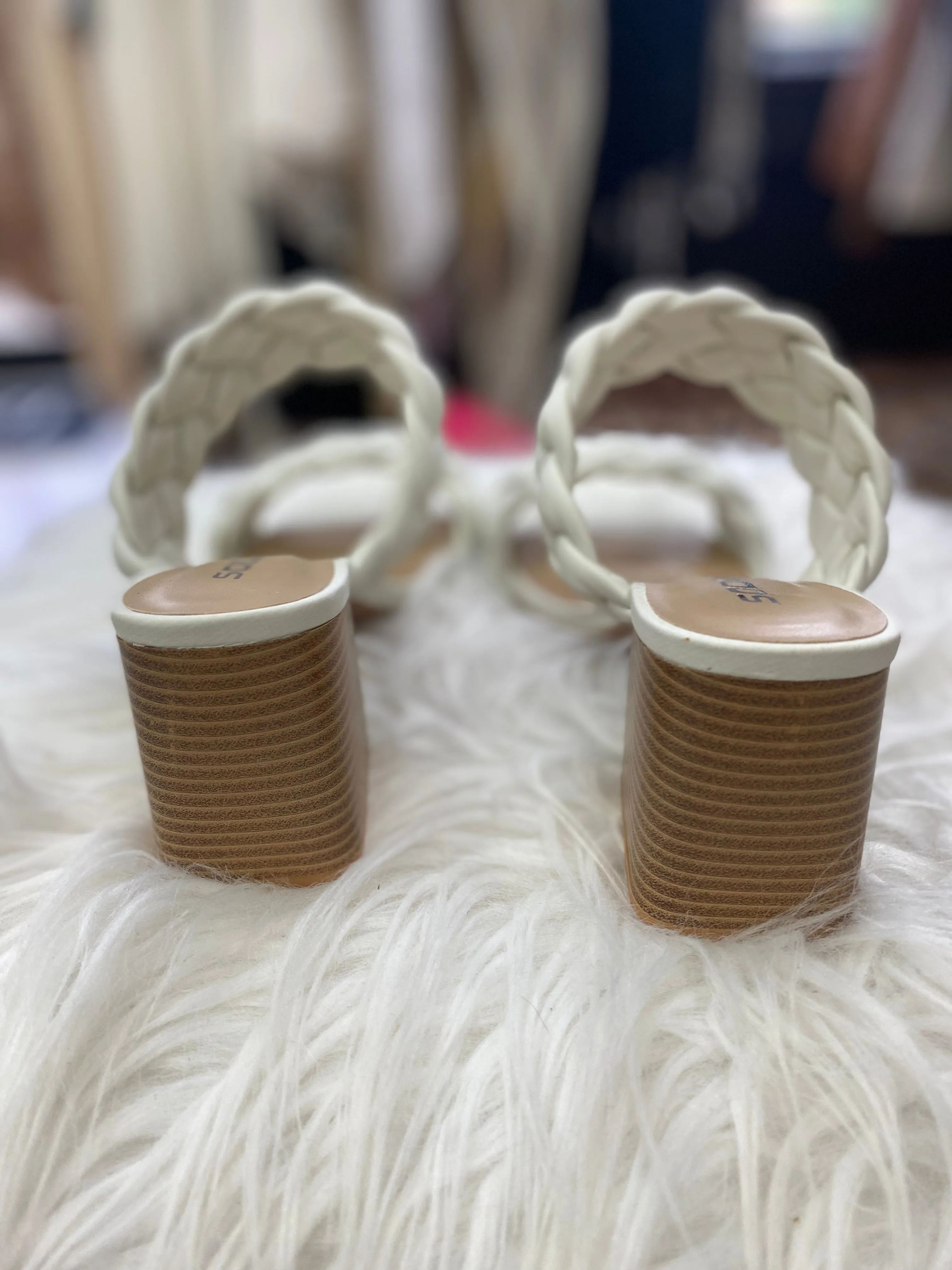 White Braided Chunky Heel Sandal