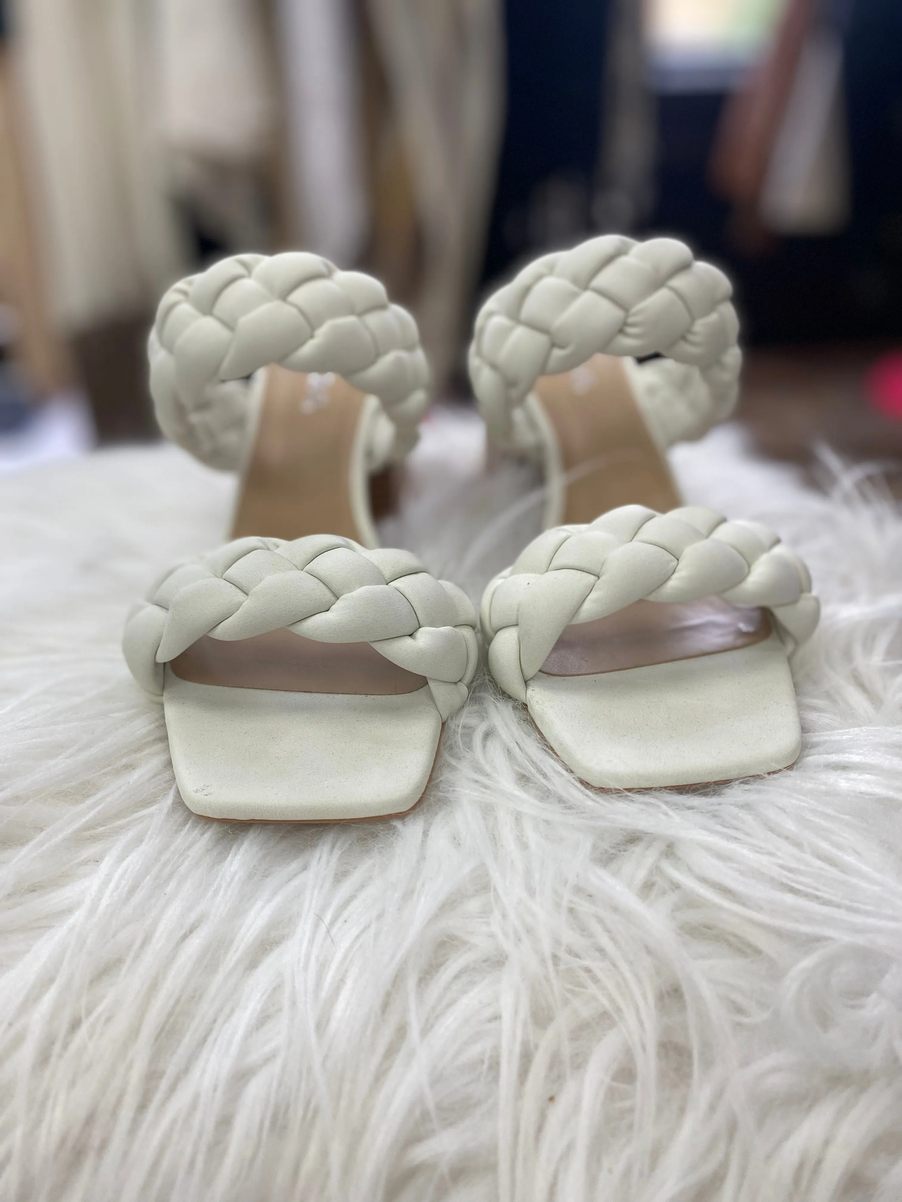 White Braided Chunky Heel Sandal