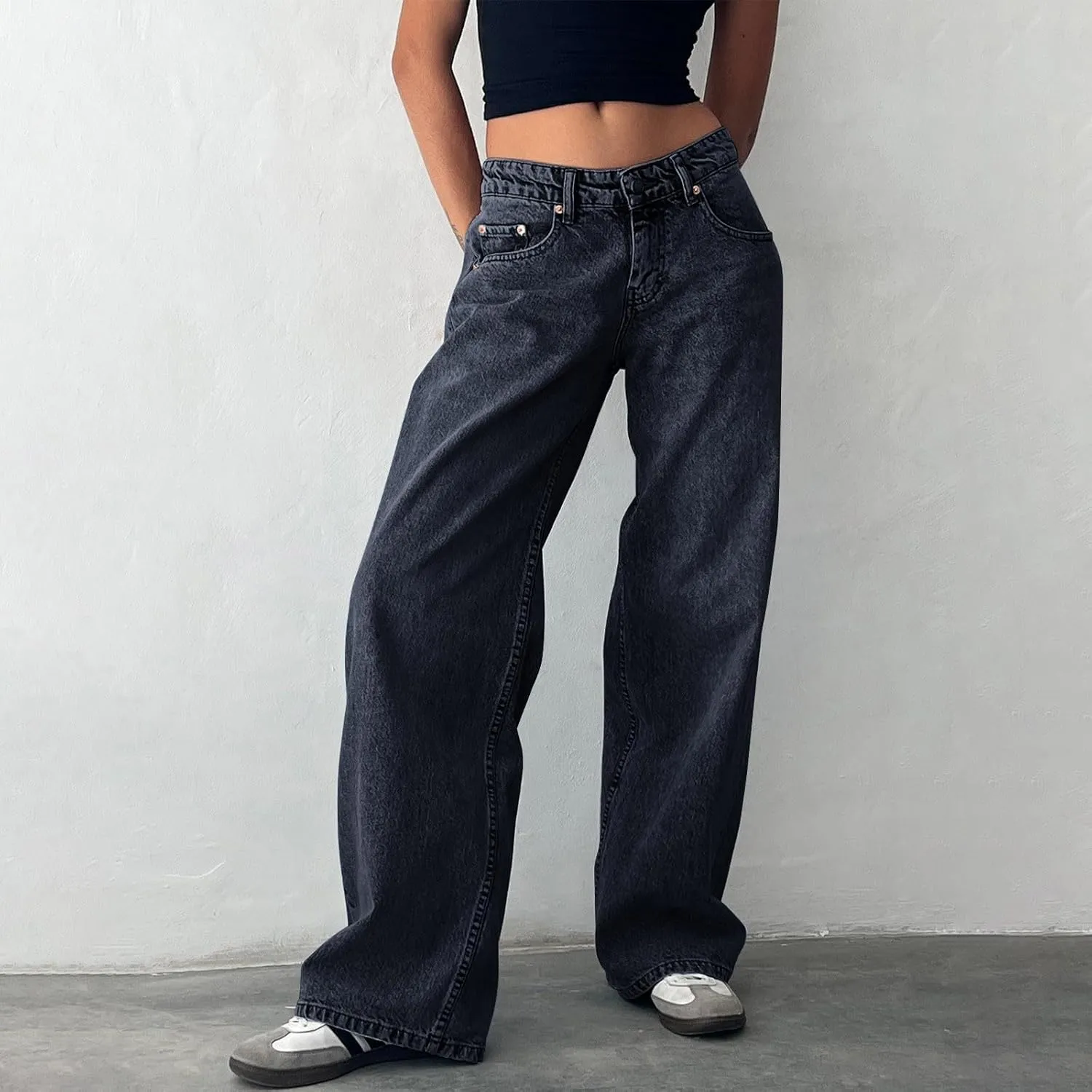 Wide Leg Denim Pants for Woman Y2K Vintage Low Waist Baggy Jeans Stretch Boyfriend Streetwear Trousers with Pockets