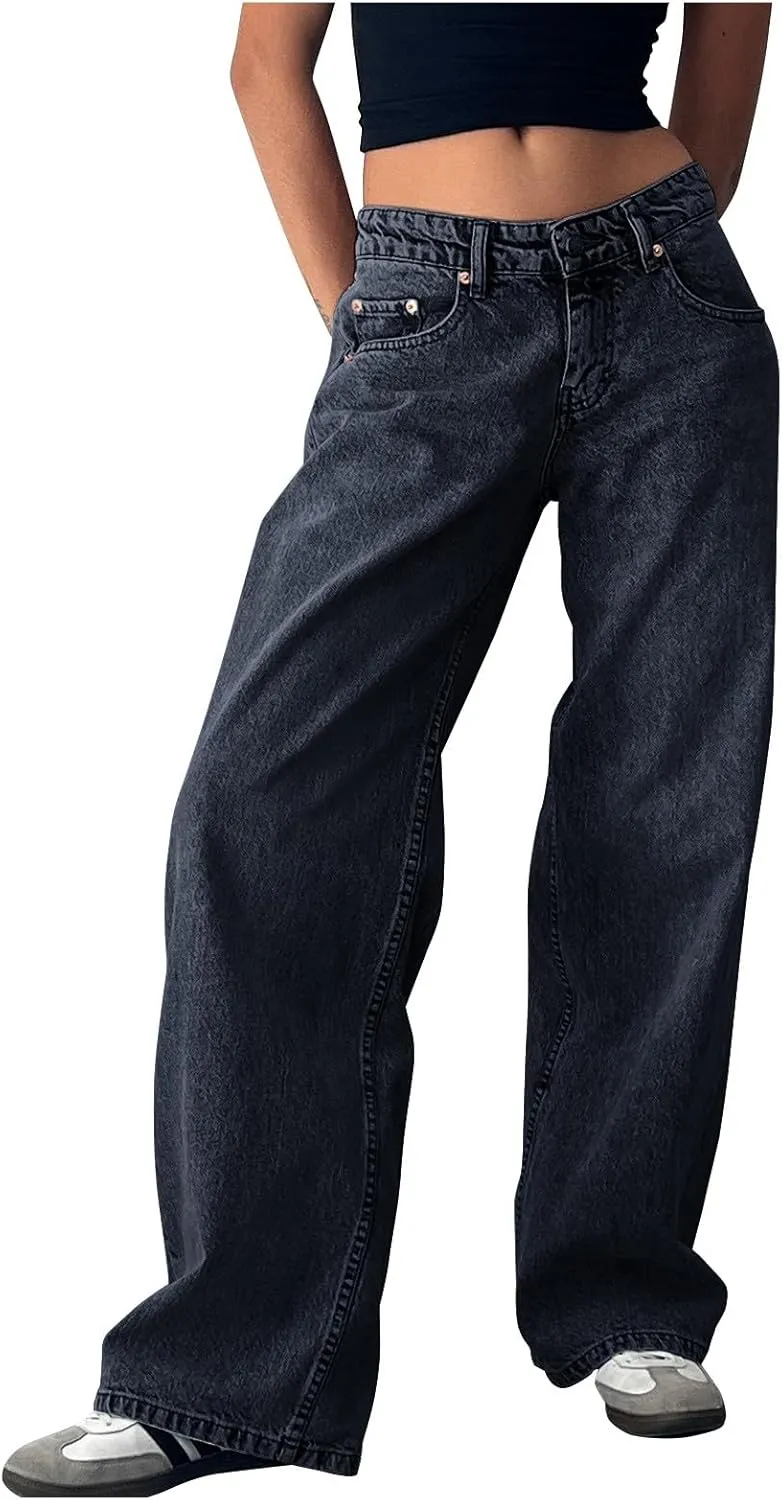 Wide Leg Denim Pants for Woman Y2K Vintage Low Waist Baggy Jeans Stretch Boyfriend Streetwear Trousers with Pockets