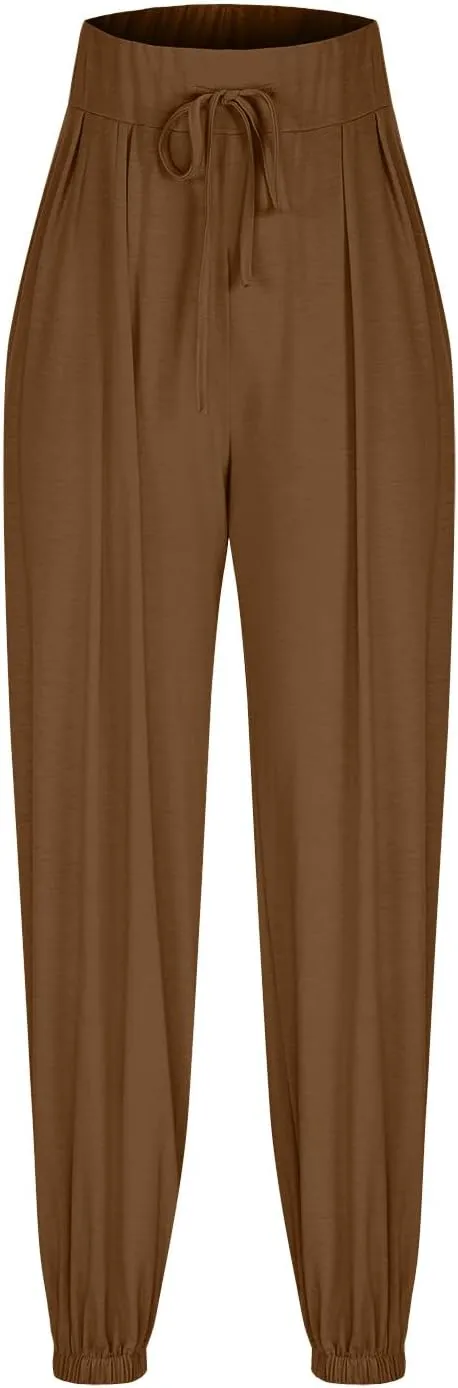 Wide Leg Pants Woman Baggy Lightweight Casual Drawstring Elastic Waisted Palazzo Harem Slacks Clothes Trousers Pockets