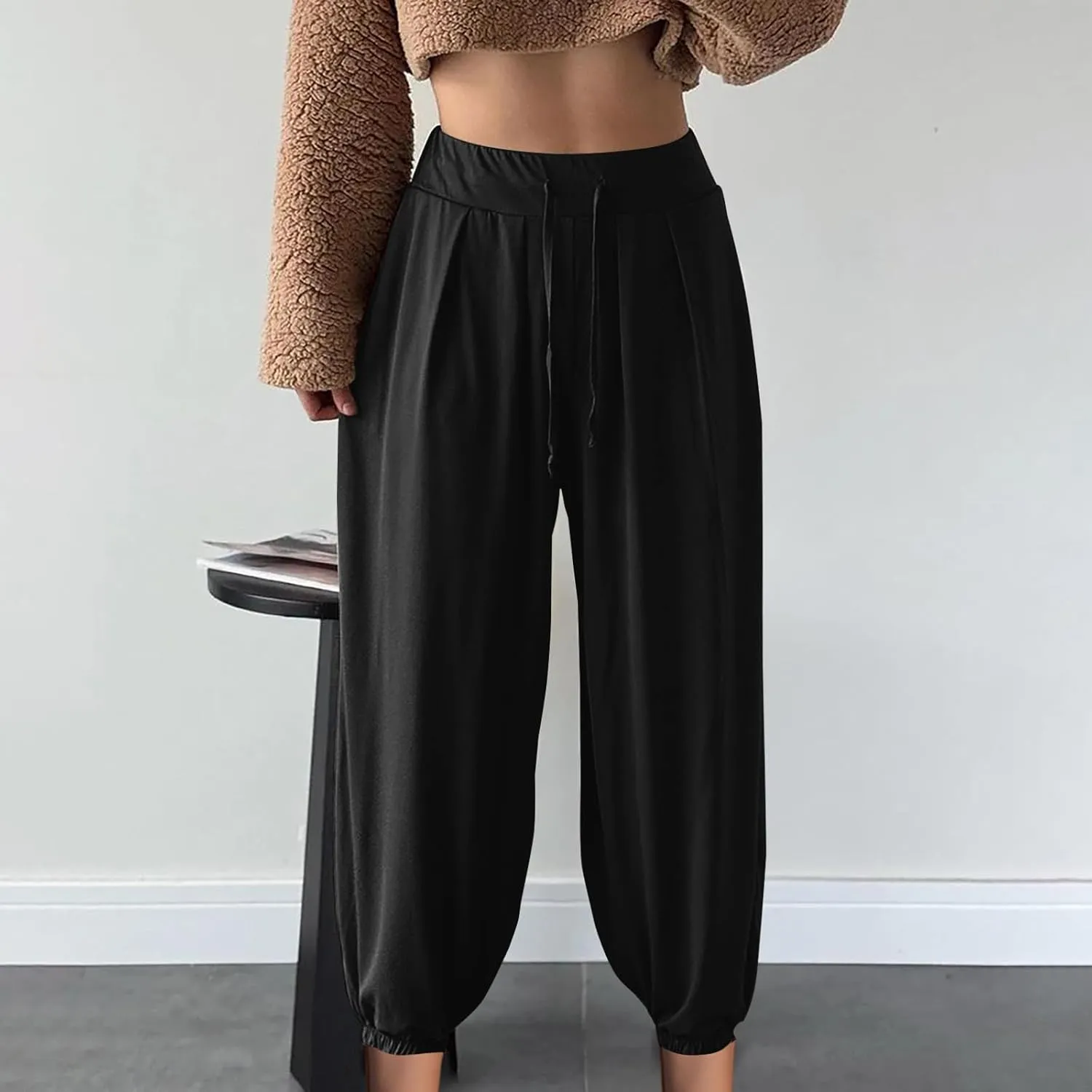Wide Leg Pants Woman Baggy Lightweight Casual Drawstring Elastic Waisted Palazzo Harem Slacks Clothes Trousers Pockets