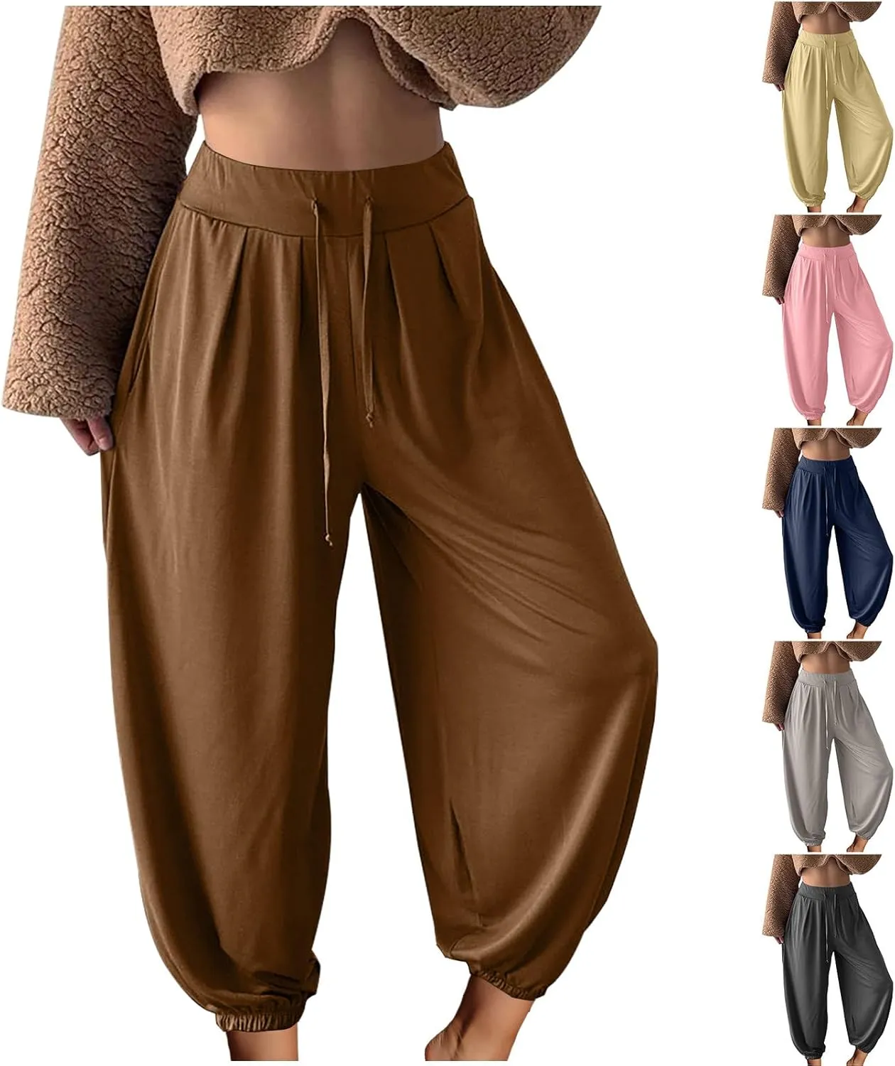 Wide Leg Pants Woman Baggy Lightweight Casual Drawstring Elastic Waisted Palazzo Harem Slacks Clothes Trousers Pockets