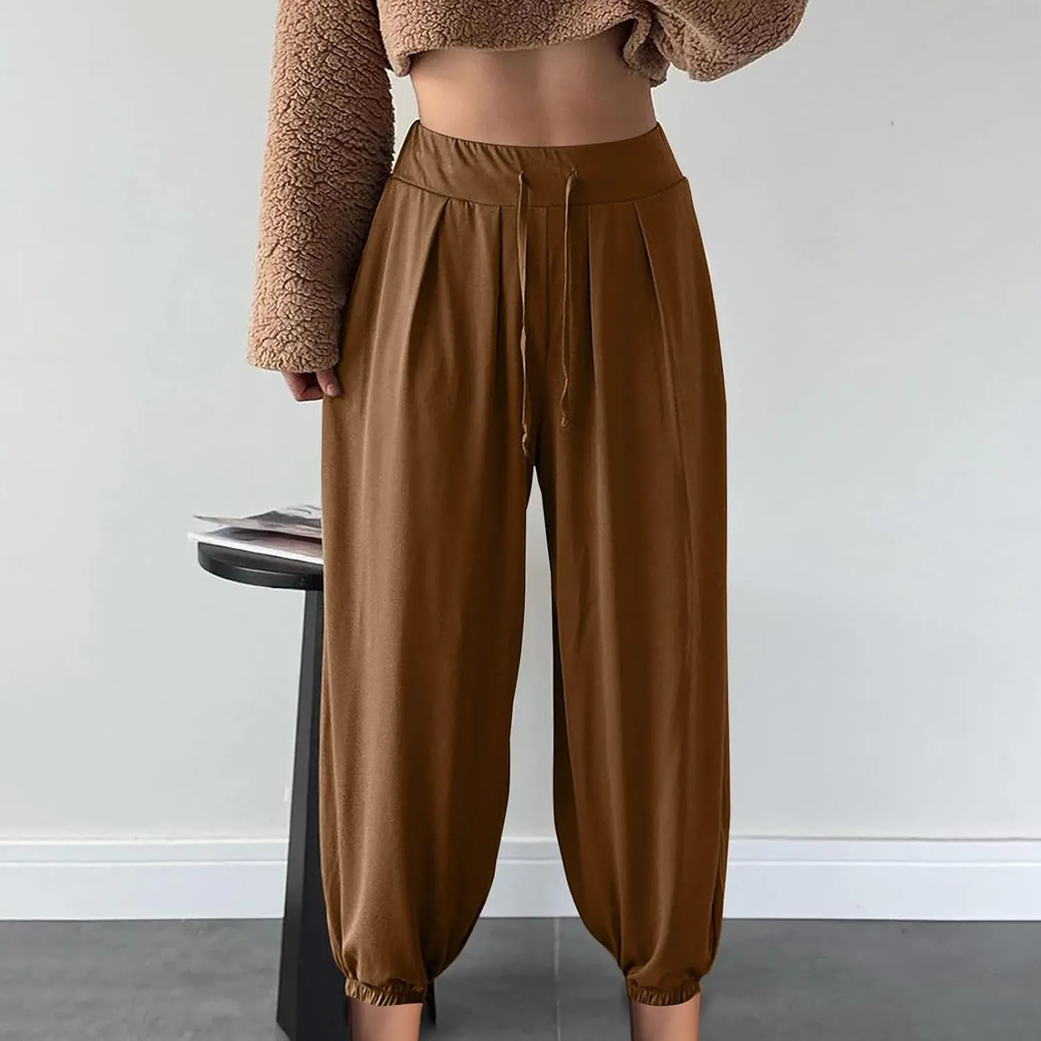 Wide Leg Pants Woman Baggy Lightweight Casual Drawstring Elastic Waisted Palazzo Harem Slacks Clothes Trousers Pockets