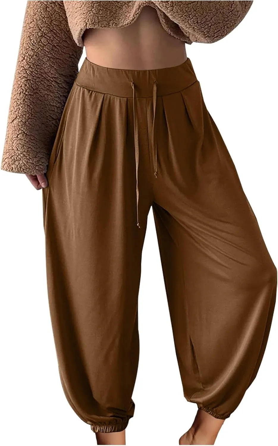 Wide Leg Pants Woman Baggy Lightweight Casual Drawstring Elastic Waisted Palazzo Harem Slacks Clothes Trousers Pockets
