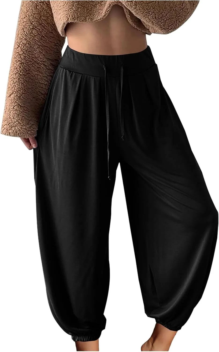 Wide Leg Pants Woman Baggy Lightweight Casual Drawstring Elastic Waisted Palazzo Harem Slacks Clothes Trousers Pockets