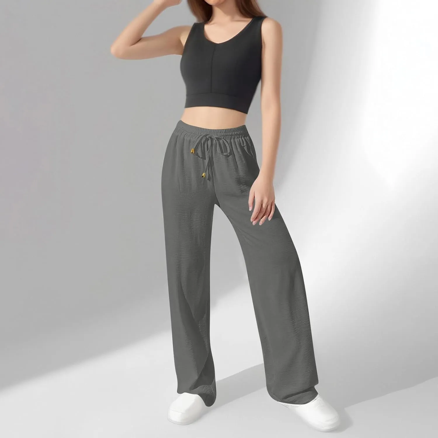 Wide Leg Pants Women Casual Linen Pants Drawstring Elastic Waist Summer Cute Pant Lounge Trouser with Pockets